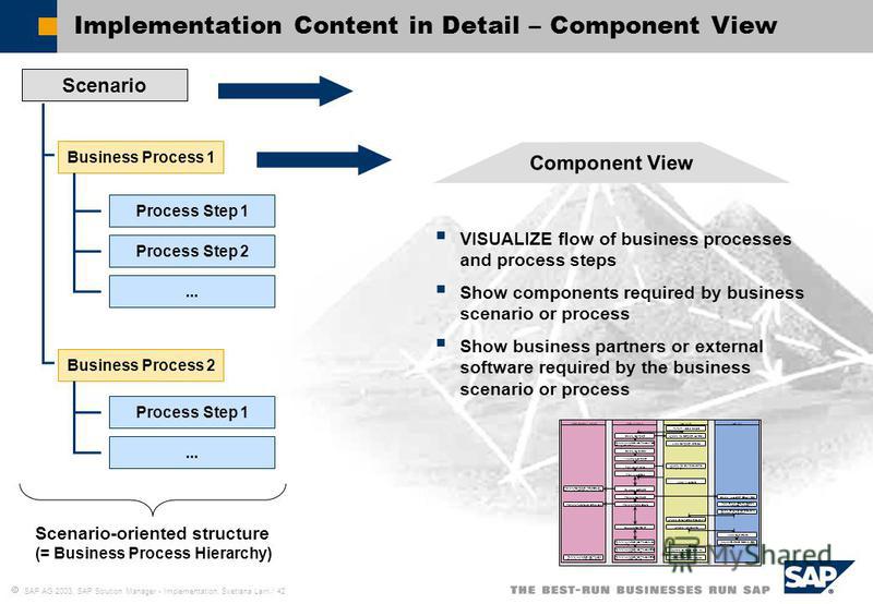 SAP AG 2003, SAP Solution Manager - Implementation, Svetlana Larri / 42 Implementation Content in Detail – Component View Scenario Business Process 1 Business Process 2 Process Step 1 Process Step 2... Process Step 1... Component View VISUALIZE flow 