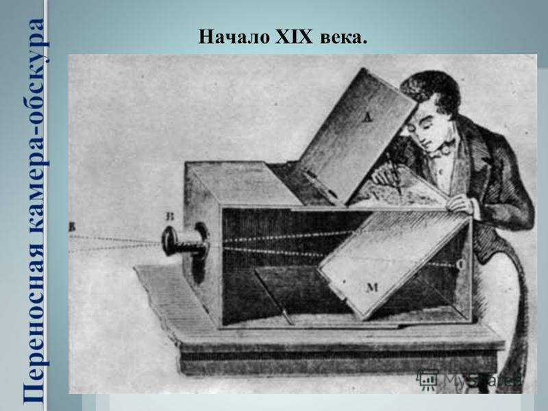 Впоследствии камеру – обскуру снабдили собирающей линзой, а ящик сделали из двух половинок, которые можно было двигать, чтобы сфокусировать картинку. Начало XIX века.