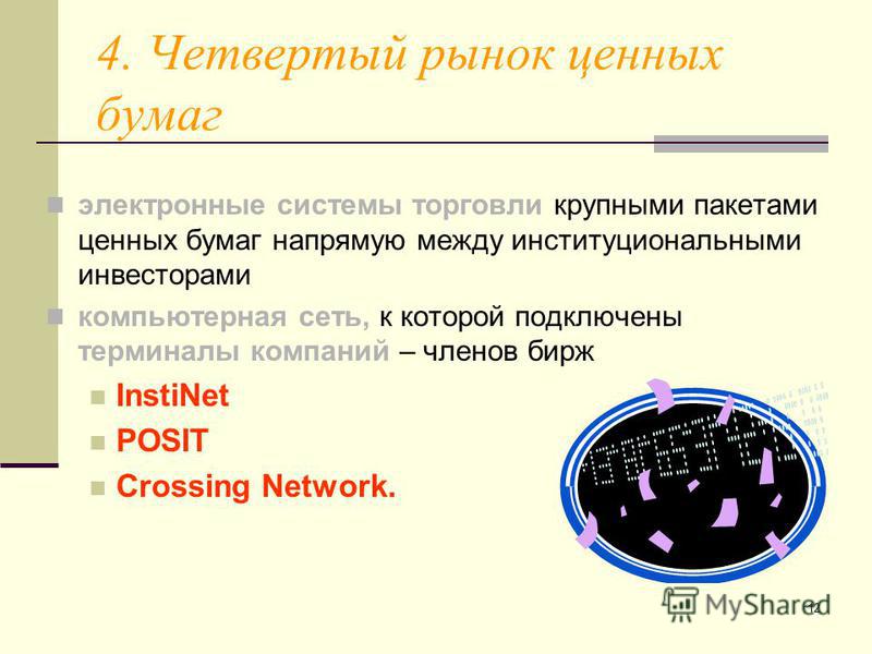 12 4. Четвертый рынок ценных бумаг электронные системы торговли крупными пакетами ценных бумаг напрямую между институциональными инвесторами компьютерная сеть, к которой подключены терминалы компаний – членов бирж InstiNet POSIT Crossing Network.