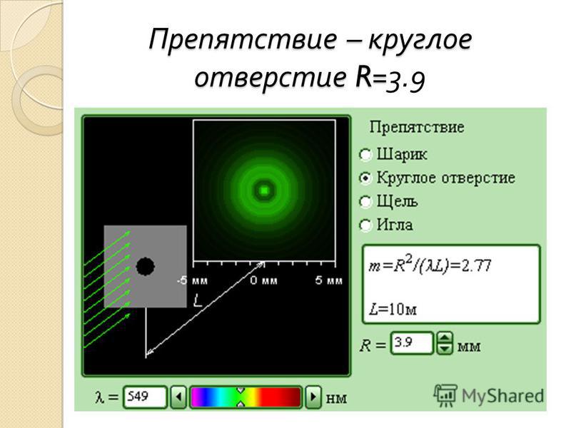 Дифракция от различных препятствий : а ) от тонкой проволочки ; б ) от круглого отверстия ; в ) от круглого непрозрачного экрана.