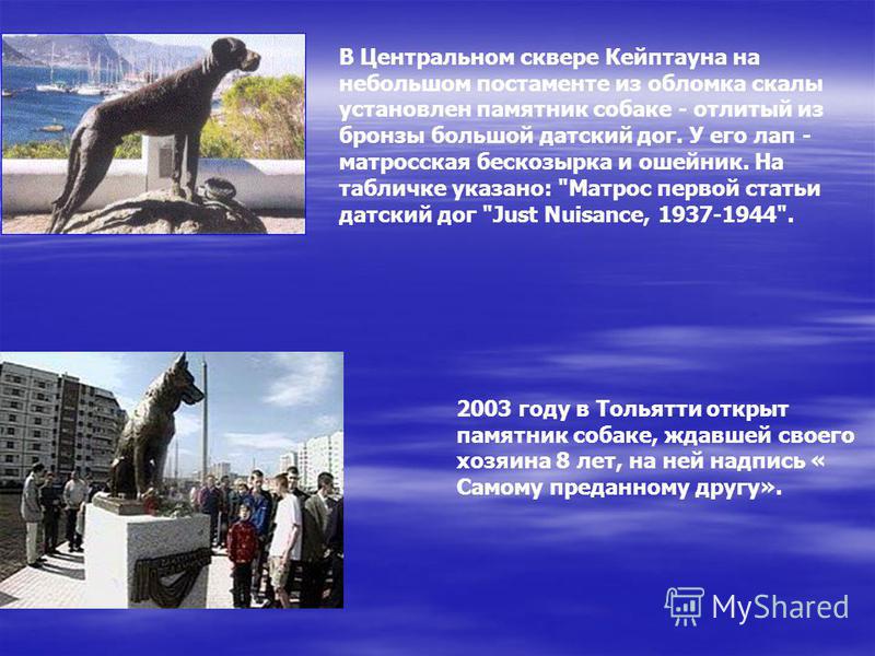 Памятники собаке поставлены в нескольких странах. Один из них воздвигнут по настоянию великого русского физиолога И.П.Павлова в 1935 году в Колтушах и назван 