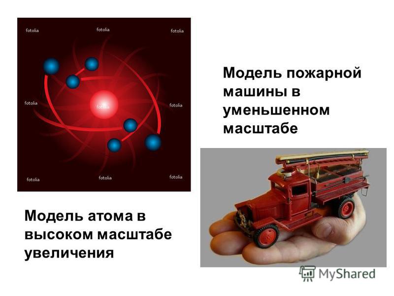 Модель атома в высоком масштабе увеличения Модель пожарной машины в уменьшенном масштабе