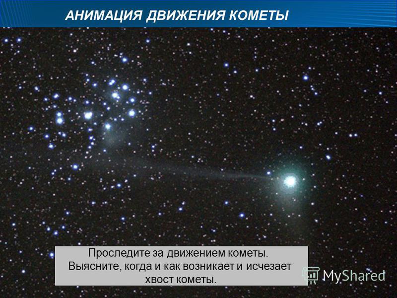 АНИМАЦИЯ ДВИЖЕНИЯ КОМЕТЫ Проследите за движением кометы. Выясните, когда и как возникает и исчезает хвост кометы.