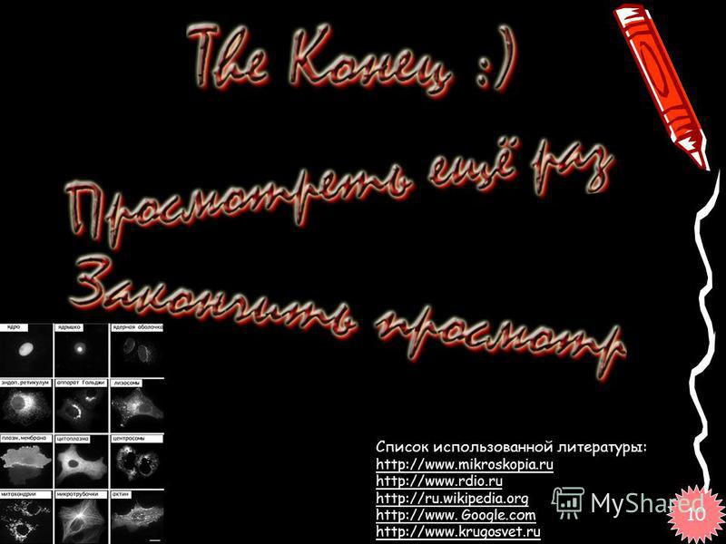 Список использованной литературы: http://www.mikroskopia.ru http://www.rdio.ru http://ru.wikipedia.org http://www. Google.соm http://www.krugosvet.ru 10