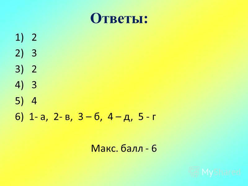 Ответы: 1) 2 2) 3 3) 2 4) 3 5) 4 6) 1- а, 2- в, 3 – б, 4 – д, 5 - г Макс. балл - 6