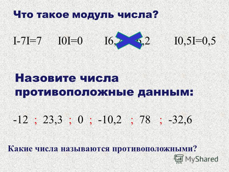 Что такое модуль числа? I-7I=7I0I=0I6,2I=-6,2I0,5I=0,5 Назовите числа противоположные данным: -12 ; 23,3 ; 0 ; -10,2 ; 78 ; -32,6 Какие числа называются противоположными?