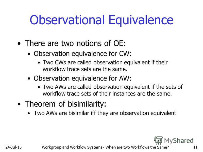24-Jul-15Workgroup and Workflow Systems - When are two Workflows the Same?11 Observational Equivalence There are two notions of OE: Observation equivalence for CW: Two CWs are called observation equivalent if their workflow trace sets are the same. O