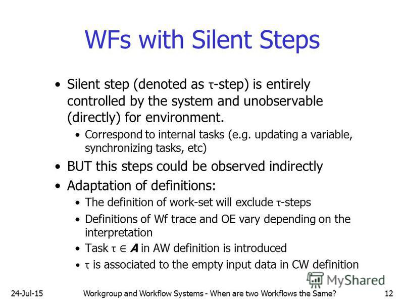24-Jul-15Workgroup and Workflow Systems - When are two Workflows the Same?12 WFs with Silent Steps Silent step (denoted as τ -step) is entirely controlled by the system and unobservable (directly) for environment. Correspond to internal tasks (e.g. u
