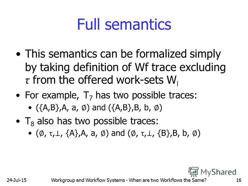 24-Jul-15Workgroup and Workflow Systems - When are two Workflows the Same?16 Full semantics This semantics can be formalized simply by taking definition of Wf trace excluding τ from the offered work-sets W i For example, T 7 has two possible traces: 