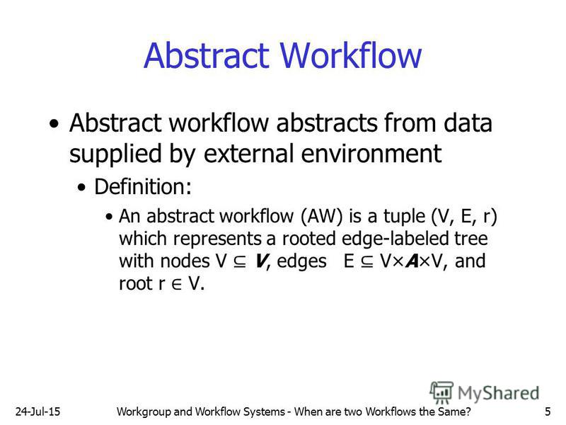 24-Jul-15Workgroup and Workflow Systems - When are two Workflows the Same?5 Abstract Workflow Abstract workflow abstracts from data supplied by external environment Definition: An abstract workflow (AW) is a tuple (V, E, r) which represents a rooted 