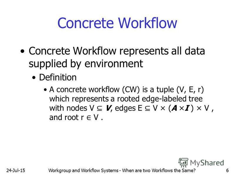 24-Jul-15Workgroup and Workflow Systems - When are two Workflows the Same?6 Concrete Workflow Concrete Workflow represents all data supplied by environment Definition A concrete workflow (CW) is a tuple (V, E, r) which represents a rooted edge-labele