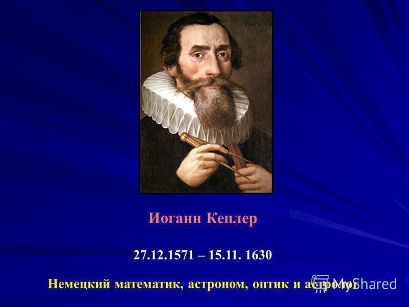 Иоганн Кеплер 27.12.1571 – 15.11. 1630 Немецкий математик, астроном, оптик и астролог