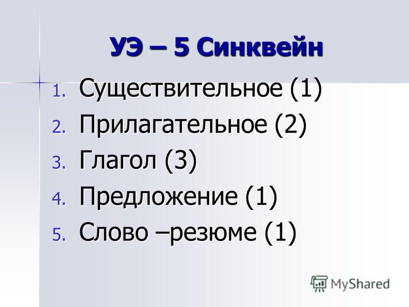 УЭ – 5 Синквейн 1. Существительное (1) 2. Прилагательное (2) 3. Глагол (3) 4. Предложение (1) 5. Слово –резюме (1)