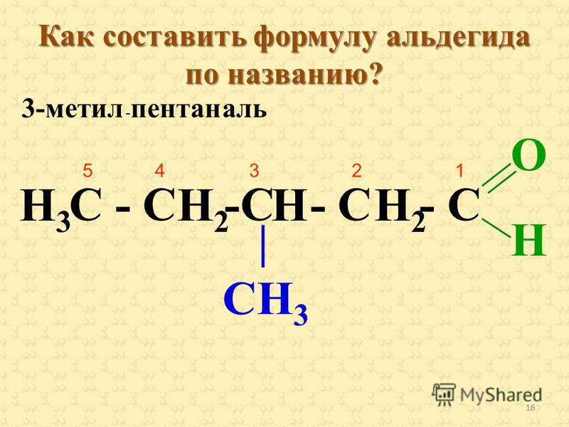 16 Как составить формулу альдегида по названию? 3-метил - пентаналь С - С -С - С - С 5 4 3 2 1 OHOH | CH 3 H3H3 H2H2 HH2H2