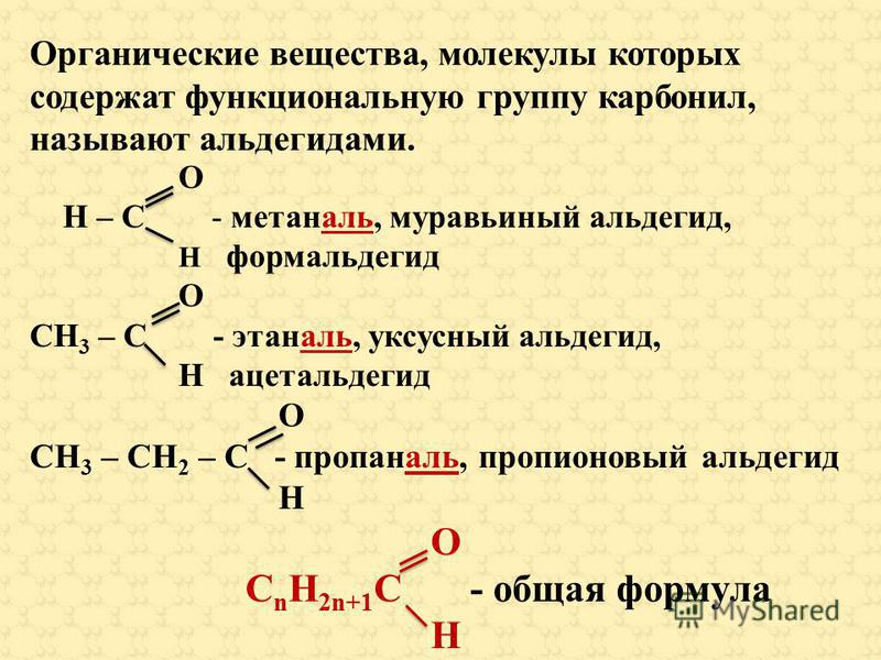 Органические вещества, молекулы которых содержат функциональную группу карбонил, называют альдегидами. О Н – С - метаналь, муравьиный альдегид, Н формальдегид О СН 3 – С - этаналь, уксусный альдегид, Н ацетальдегид О СН 3 – СН 2 – С - пропаналь, проп