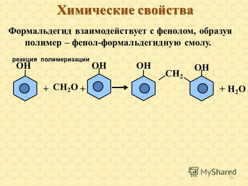 25 Химические свойства Формальдегид взаимодействует с фенолом, образуя полимер – фенол-формальдегидную смолу. СH2СH2 + СH2OСH2O + H 2 O реакция полимеризации + OH