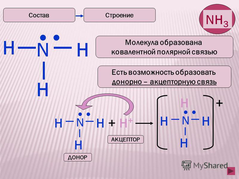 5 H Строение N H H Есть возможность образовать донорно – акцепторную связь Молекула образована ковалентной полярной связью N HH H + H++ H+ N HH H H + АКЦЕПТОР ДОНОР Состав NH 3