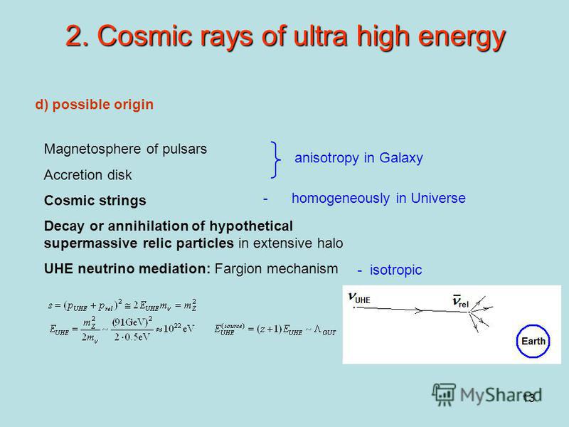 13 2. Cosmic rays of ultra high energy d) possible origin Magnetosphere of pulsars Accretion disk Cosmic strings Decay or annihilation of hypothetical supermassive relic particles in extensive halo UHE neutrino mediation: Fargion mechanism anisotropy