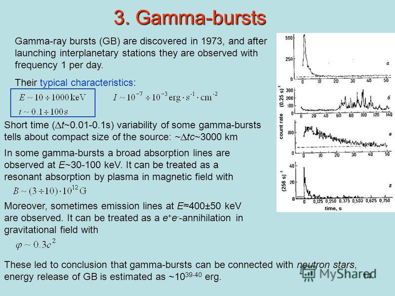 14 3. Gamma-bursts Gamma-ray bursts (GB) are discovered in 1973, and after launching interplanetary stations they are observed with frequency 1 per day. Their typical characteristics: In some gamma-bursts a broad absorption lines are observed at E~30