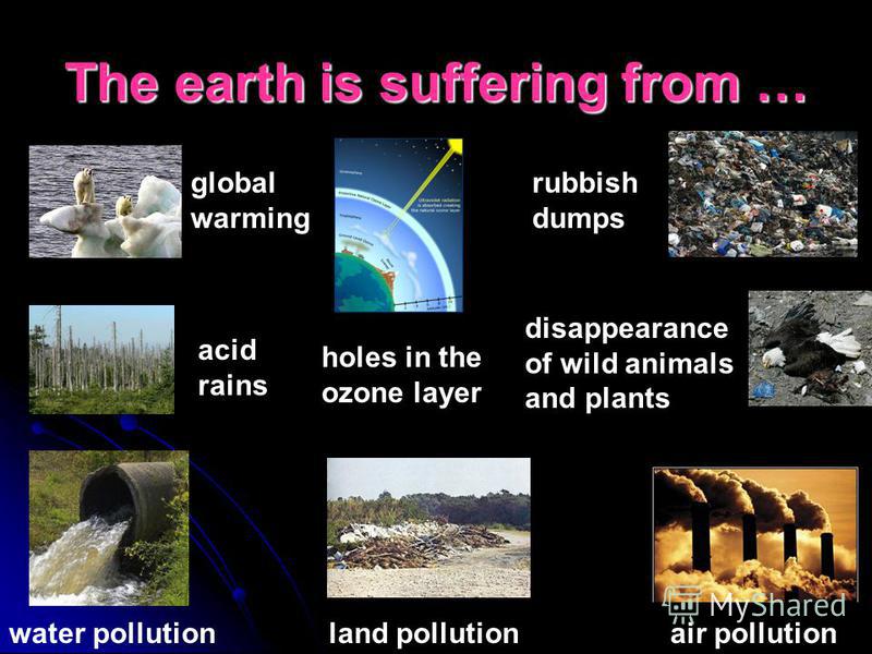 The earth is suffering from … global warming acid rains holes in the ozone layer rubbish dumps disappearance of wild animals and plants air pollutionland pollutionwater pollution