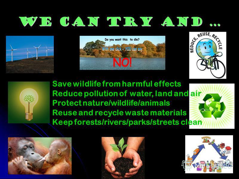 We can try and … Save wildlife from harmful effects Reduce pollution of water, land and air Protect nature/wildlife/animals Reuse and recycle waste materials Keep forests/rivers/parks/streets clean