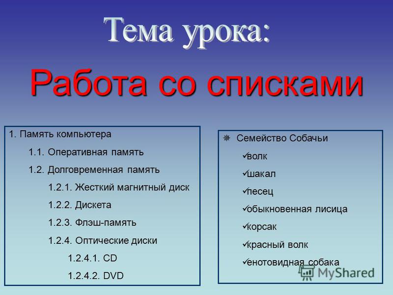 Работа со списками 1. Память компьютера 1.1. Оперативная память 1.2. Долговременная память 1.2.1. Жесткий магнитный диск 1.2.2. Дискета 1.2.3. Флэш-память 1.2.4. Оптические диски 1.2.4.1. СD 1.2.4.2. DVD Семейство Собачьи волк шакал песец обыкновенна