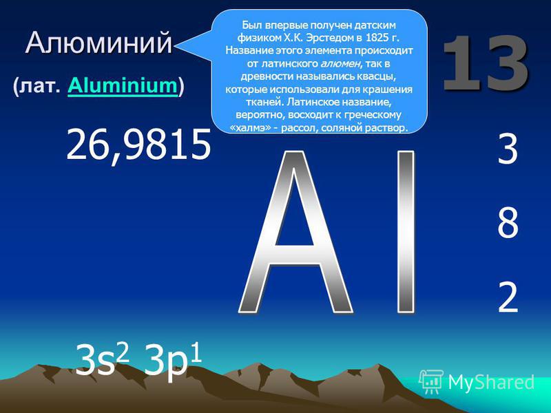 13 Алюминий Алюминий (лат. Aluminium)Aluminium 382382 26,9815 3s 2 3p 1 Был впервые получен датским физиком Х.К. Эрстедом в 1825 г. Название этого элемента происходит от латинского алюмен, так в древности назывались квасцы, которые использовали для к