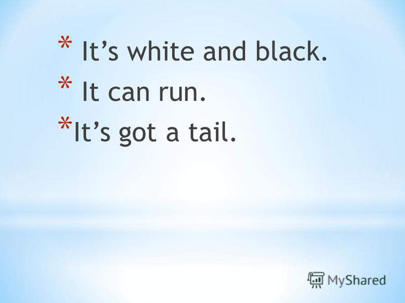 * Its white and black. * It can run. * Its got a tail.