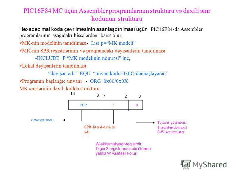 PIC16F84 MC üçün Assembler proqramlarının strukturu və daxili əmr kodunun strukturu Hexadecimal koda çevrilməsinin asanlaşdırılması üçün PIC16F84-də Assembler programlarının aşağıdakı hissələrdən ibarət olur: MK-nin modelinin tanıdılması- List p=MK m