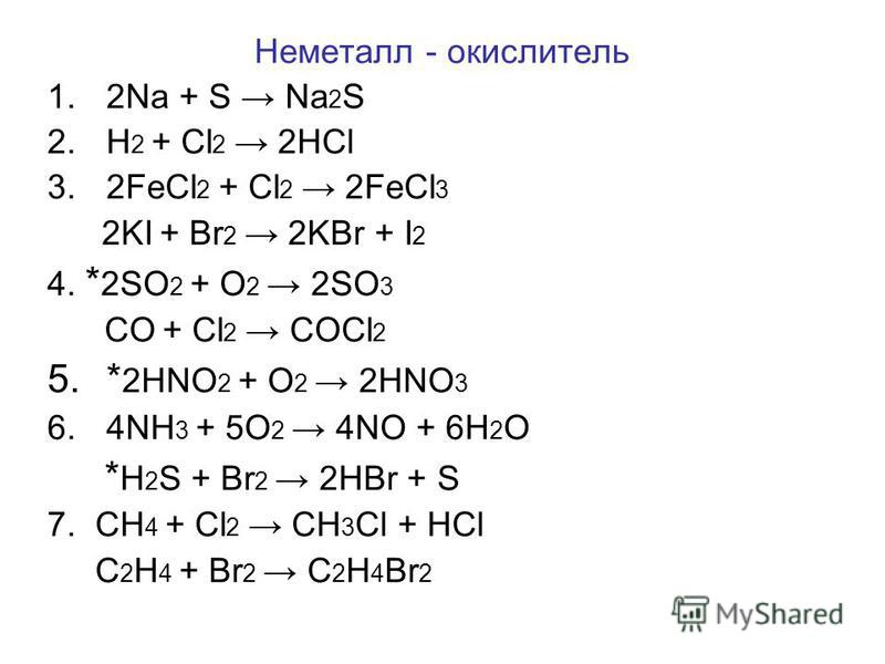 Неметалл - окислитель 1.2Na + S Na 2 S 2. H 2 + Cl 2 2HCl 3.2FeCl 2 + Cl 2 2FeCl 3 2KI + Br 2 2KBr + I 2 4. * 2SO 2 + O 2 2SO 3 CO + Cl 2 COCl 2 5.* 2HNO 2 + O 2 2HNO 3 6.4NH 3 + 5O 2 4NO + 6H 2 O * H 2 S + Br 2 2HBr + S 7. CH 4 + Cl 2 CH 3 Cl + HCl 