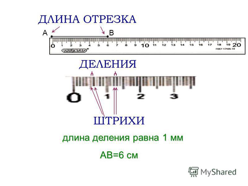 А B АВ=6 см ДЛИНА ОТРЕЗКА ШТРИХИ ДЕЛЕНИЯ длина деления равна 1 мм