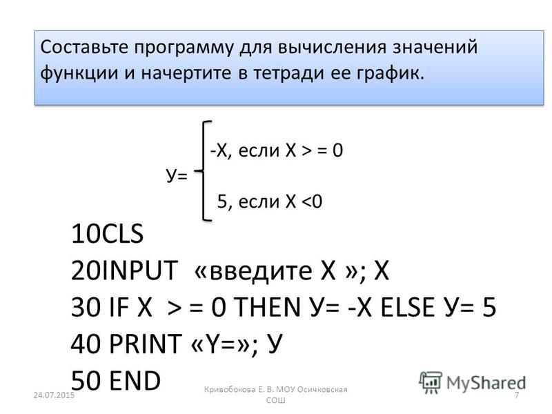 -Х, если Х > = 0 У= 5, если Х <0 Составьте программу для вычисления значений функции и начертите в тетради ее график. 10CLS 20INPUT «введите Х »; X 30 IF Х > = 0 THEN У= -Х ELSE У= 5 40 PRINT «Y=»; У 50 END 24.07.20157 Кривобокова Е. В. МОУ Осичковск