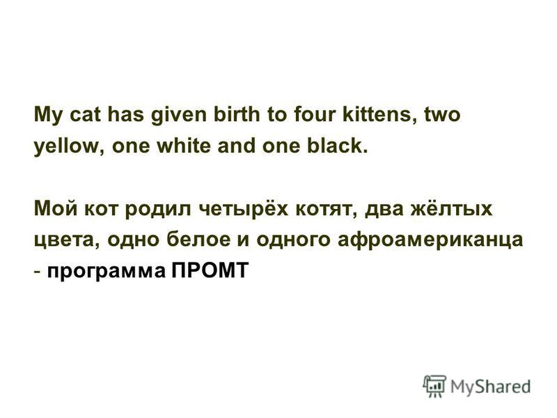My cat has given birth to four kittens, two yellow, one white and one black. Мой кот родил четырёх котят, два жёлтых цвета, одно белое и одного афроамериканца - программа ПРОМТ