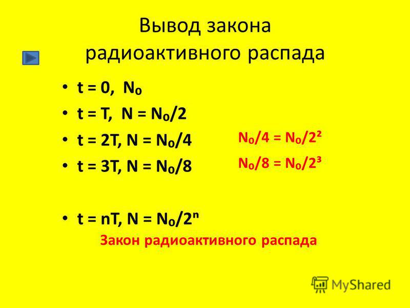 Вывод закона радиоактивного распада t = 0, N t = T, N = N/2 t = 2T, N = N/4 t = 3T, N = N/8 t = nT, N = N/2 N/4 = N/2² N/8 = N/2³ Закон радиоактивного распада