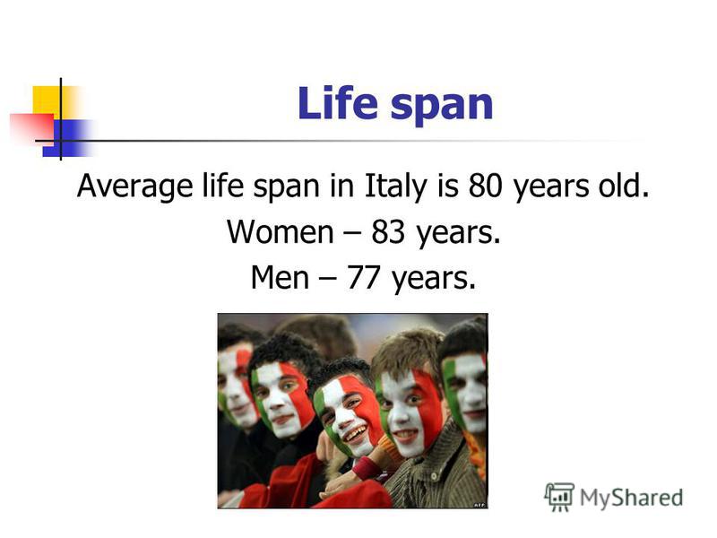 Life span Average life span in Italy is 80 years old. Women – 83 years. Men – 77 years.