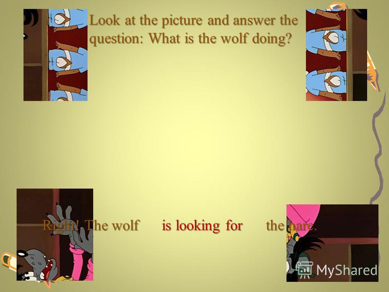 Look at the picture and answer the question: What is the wolf doing? Right! The wolf is looking for the hare.