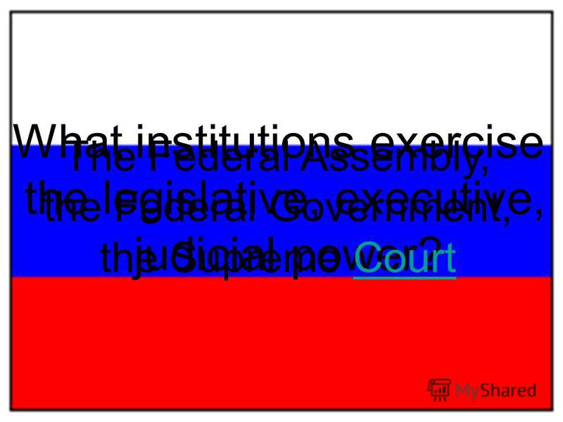 What institutions exercise the legislative, executive, judicial power? The Federal Assembly, the Federal Government, the Supreme CourtCourt