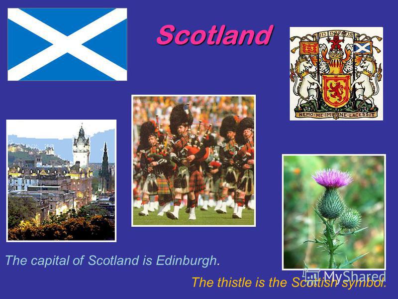 Scotland Scotland The capital of Scotland is Edinburgh. The thistle is the Scottish symbol.