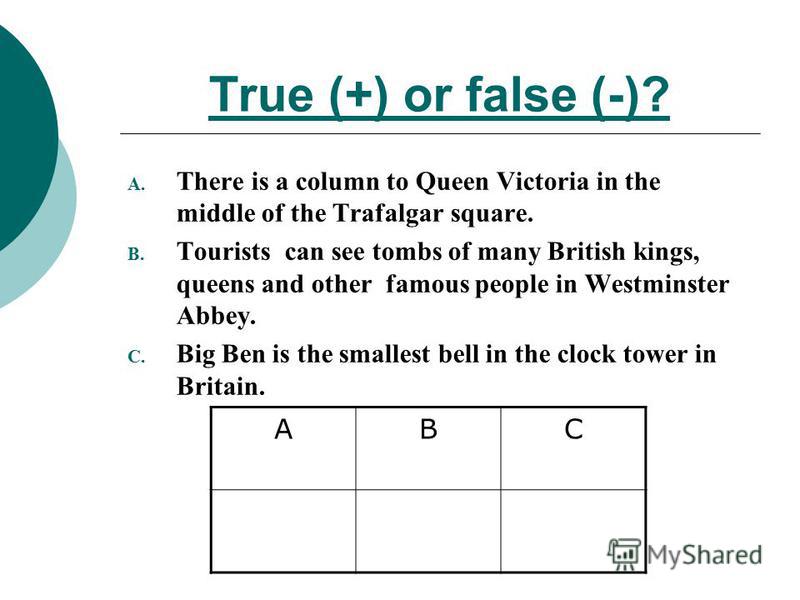 True (+) or false (-)? A. There is a column to Queen Victoria in the middle of the Trafalgar square. B. Tourists can see tombs of many British kings, queens and other famous people in Westminster Abbey. C. Big Ben is the smallest bell in the clock to