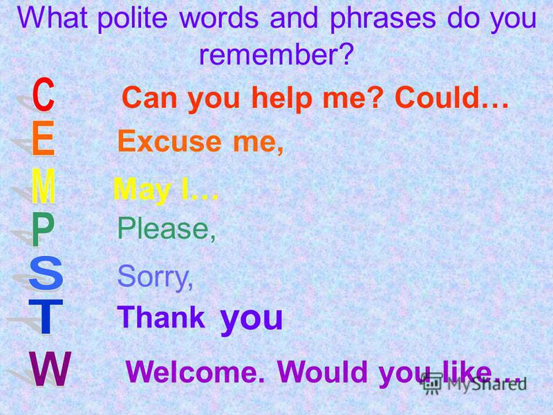 What polite words and phrases do you remember? Can you help me? Could… Excuse me, May I… Please, Sorry, Thank you Welcome. Would you like…