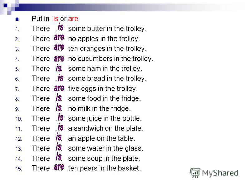 Put in is or are 1. There … some butter in the trolley. 2. There … no apples in the trolley. 3. There … ten oranges in the trolley. 4. There … no cucumbers in the trolley. 5. There … some ham in the trolley. 6. There … some bread in the trolley. 7. T