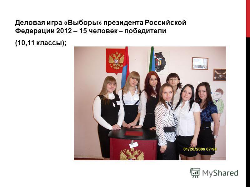 Деловая игра «Выборы» президента Российской Федерации 2012 – 15 человек – победители (10,11 классы);