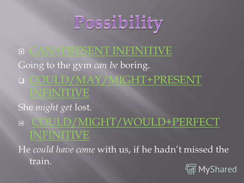 CAN+PRESENT INFINITIVE Going to the gym can be boring. COULD/MAY/MIGHT+PRESENT INFINITIVE She might get lost. COULD/MIGHT/WOULD+PERFECT INFINITIVE He could have come with us, if he hadnt missed the train.