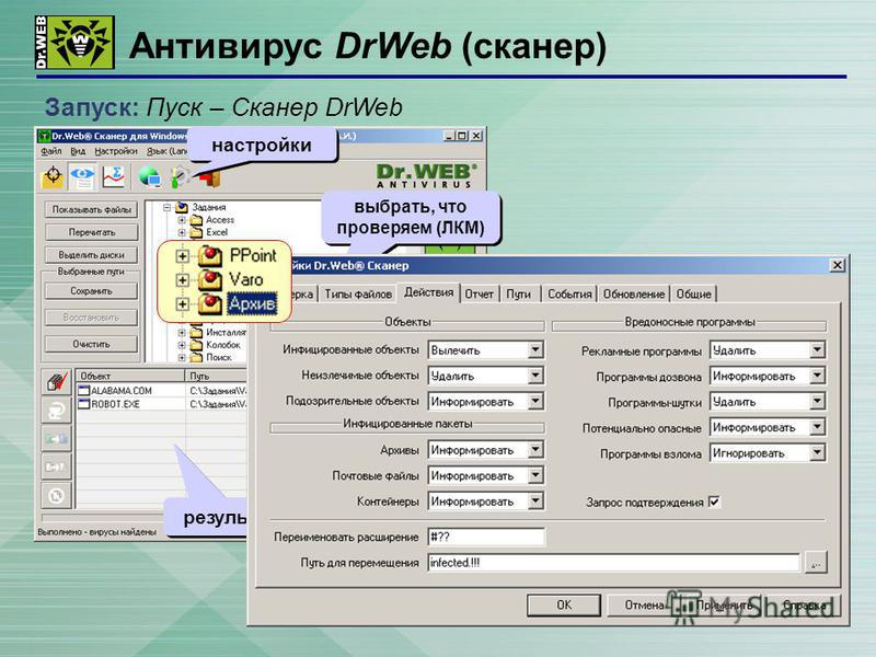 26 Антивирус DrWeb (сканер) Запуск: Пуск – Сканер DrWeb старт настройки выбрать, что проверяем (ЛКМ) результаты
