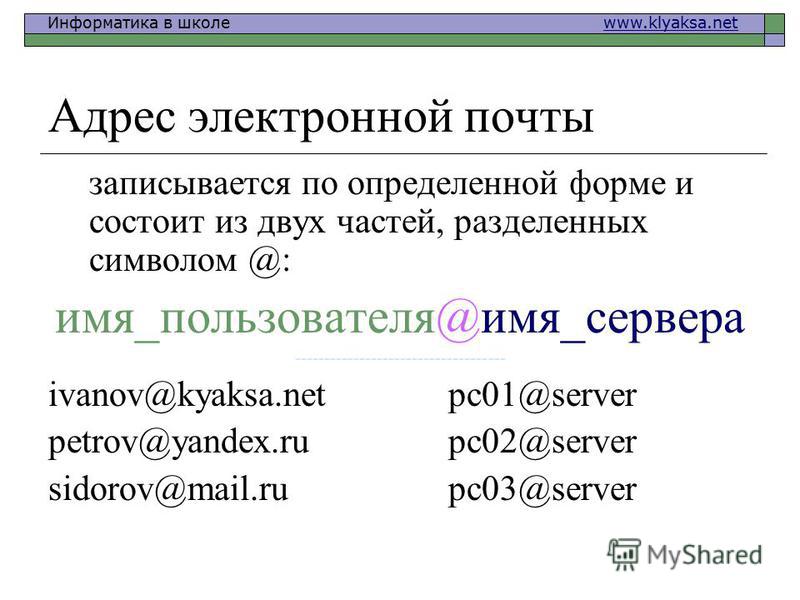 Информатика в школе www.klyaksa.netwww.klyaksa.net Адрес электронной почты записывается по определенной форме и состоит из двух частей, разделенных символом @: имя_пользователя@имя_сервера ------------------------------------ ivanov@kyaksa.netpc01@se