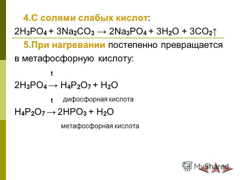 4. С солями слабых кислот: 2H 3 PO 4 + 3Na 2 CO 3 2Na 3 PO 4 + 3H 2 O + 3CO 2 5. При нагревании постепенно превращается в метафосфорную кислоту: t 2H 3 PO 4 H 4 P 2 O 7 + H 2 O t дифосфорная кислота H 4 P 2 O 7 2HPO 3 + H 2 O метафосфорная кислота