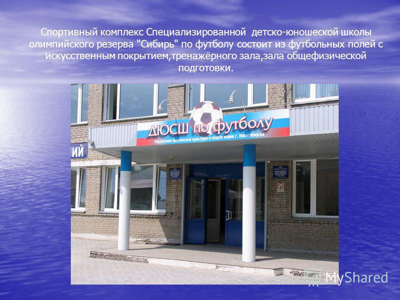 Спортивный комплекс Специализированной детско-юношеской школы олимпийского резерва Сибирь по футболу состоит из футбольных полей с искусственным покрытием,тренажёрного зала,зала общефизической подготовки.