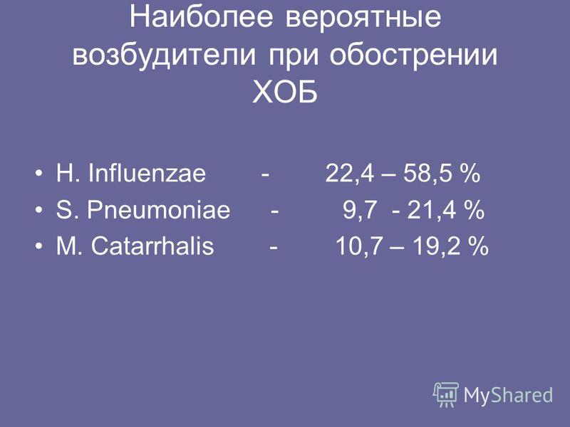 Наиболее вероятные возбудители при обострении ХОБ H. Influenzae - 22,4 – 58,5 % S. Pneumoniae - 9,7 - 21,4 % M. Catarrhalis - 10,7 – 19,2 %