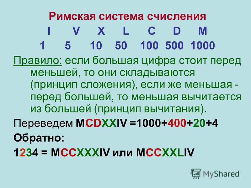 Римская система счисления IVXLCDM 1510501005001000 Правило: если большая цифра стоит перед меньшей, то они складываются (принцип сложения), если же меньшая - перед большей, то меньшая вычитается из большей (принцип вычитания). Переведем MCDXXIV =1000