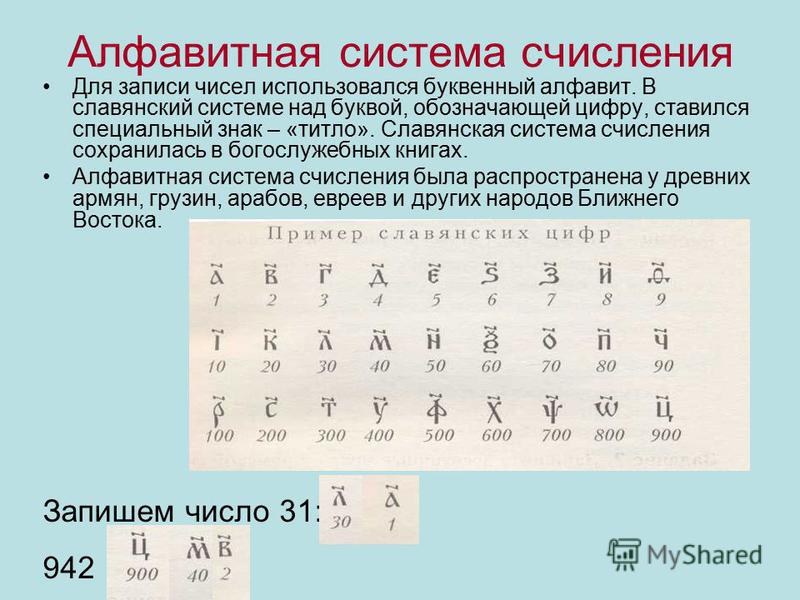 Алфавитная система счисления Для записи чисел использовался буквенный алфавит. В славянский системе над буквой, обозначающей цифру, ставился специальный знак – «титло». Славянская система счисления сохранилась в богослужебных книгах. Алфавитная систе